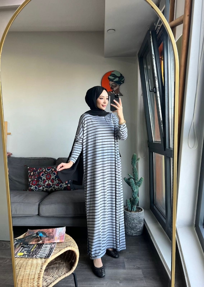 Resim Çizgili giy çık elbise Gri-siyah