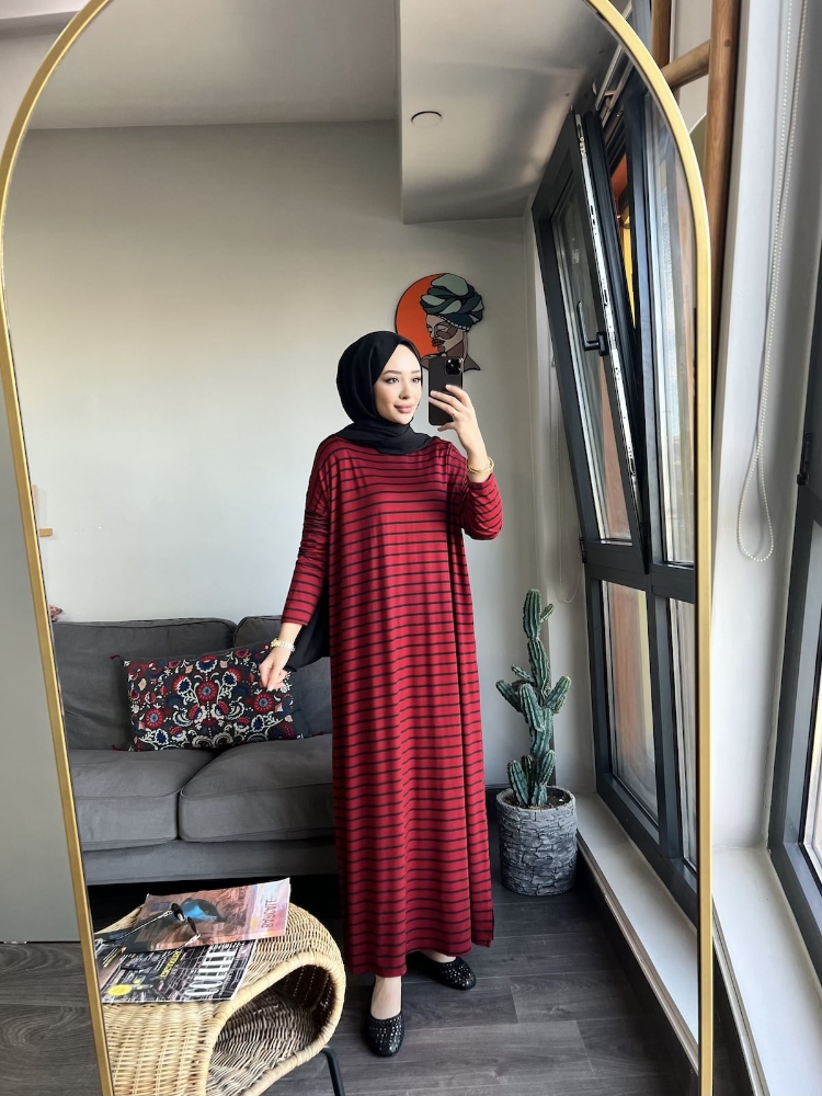 Resim Çizgili giy çık elbise Bordo-siyah